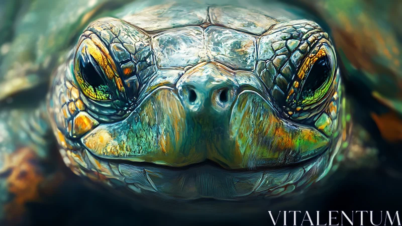 Close turtle portrait with vivid, detailed textured shell.