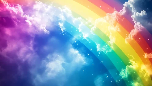 Vivid rainbow arcs across luminous clouds and deep sky