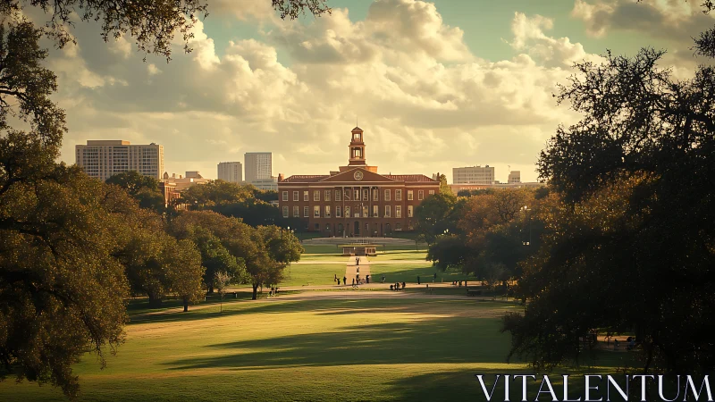 Sunlit collegiate lawn framing historic red-brick hall.