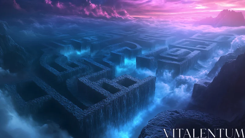 Celestial stone labyrinth floats above glowing mist horizon.