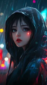 Hooded anime girl stands in neon rain, lit by city glow.
