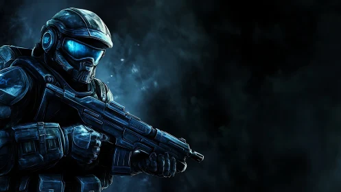 Futuristic tactical soldier with rifle in neon blue haze.