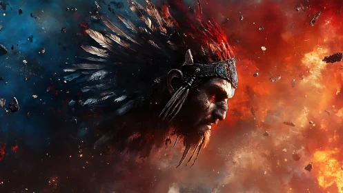 Bifurcated cosmic battlefield with feathered warrior effigy.