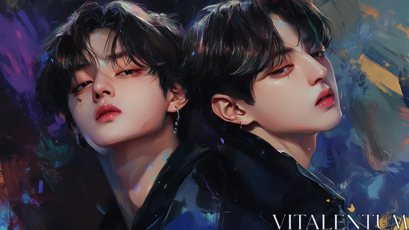 Dual portrait glows amid electric neon brushwork storm.