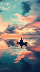 Solitary figure sits in small boat on reflective water surface