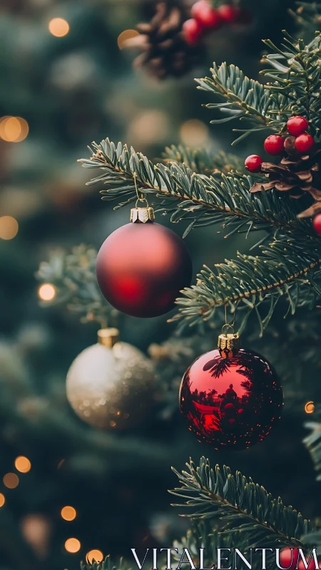 Christmas tree baubles with shallow depth of field glow.