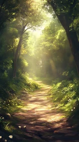Sunlit forest path with tall trees and golden light beams