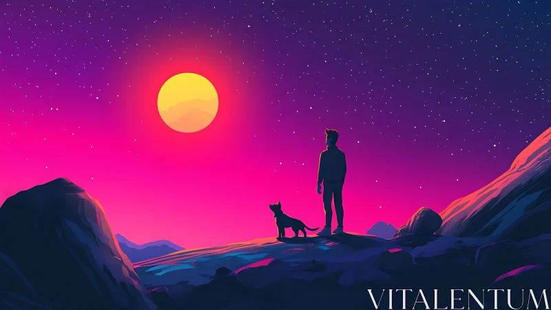 Digital painting of stargazer and dog on neon dusk ridge.