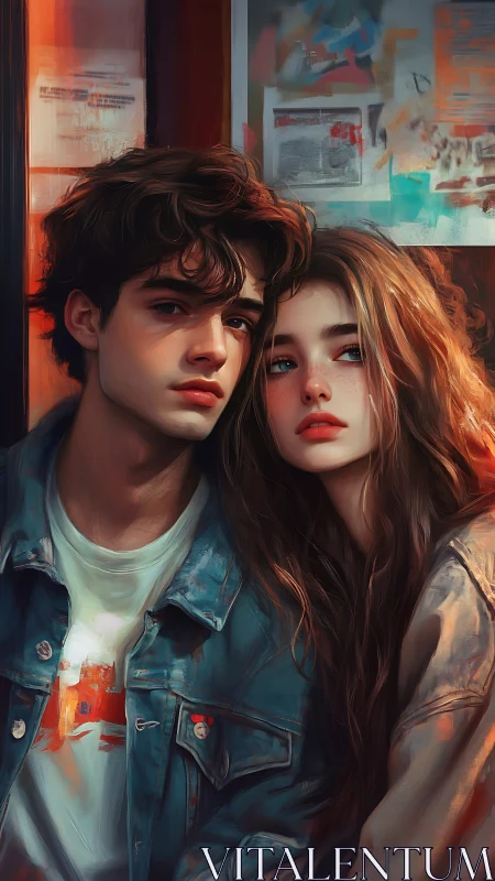 Two young people in warm lighting with artistic backdrop