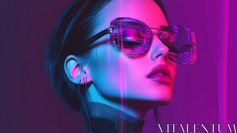 Neon lit woman in oversized sunglasses and turtleneck top.