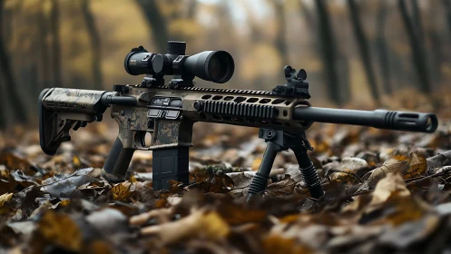 Tactical AR-15 Rifle with Scope in Autumn Setting.