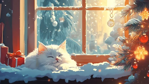 Snowy window daydream with a blissfully drowsy winter cat.