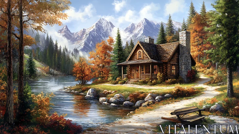 Cozy riverside log cabin nestles beneath towering autumn peaks