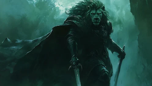 Armored lion warrior strides forward with dual blades drawn