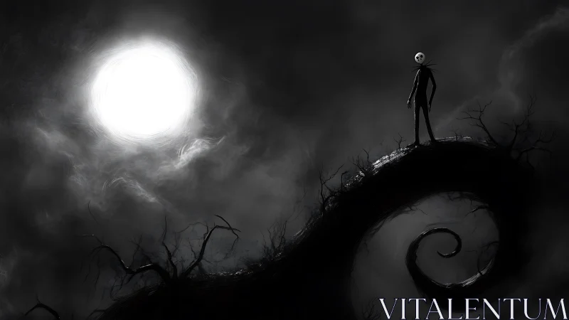 Moonlit figure stands on curved, barren branch formation