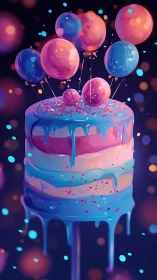 Gradient Cake with Floating Balloon Toppers in Neon Bokeh Environment