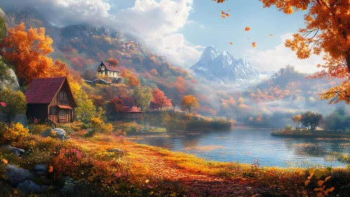 Lakeside cabins in autumn valley beneath distant snowy peaks.