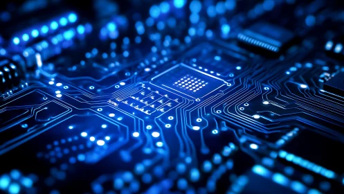 Illuminated PCB layout highlights dense microchip routing paths