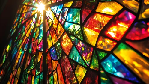 Radiant stained glass window with sunlit color shards.
