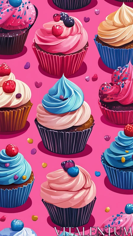 Vibrant Cupcake Illustration with Layered Frosting and Scattered Berry Toppings