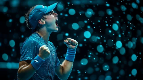Triumphant tennis player under dramatic stadium rain.