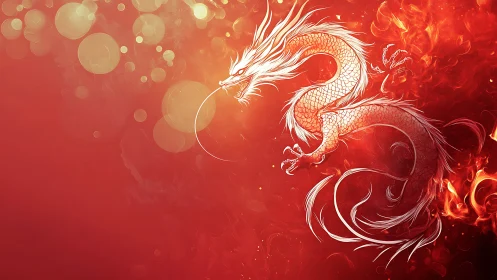 Ivory fire-dragon curling through ember-bright silence.