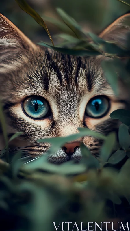 Tabby Cat with Striking Blue Eyes Among Green Foliage.