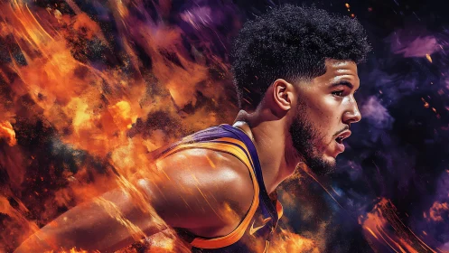 Basketball player portrait surrounded by vivid fiery motion