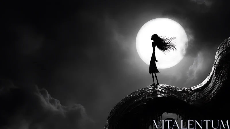 Silhouetted girl on haunted hill beneath full moon glow.