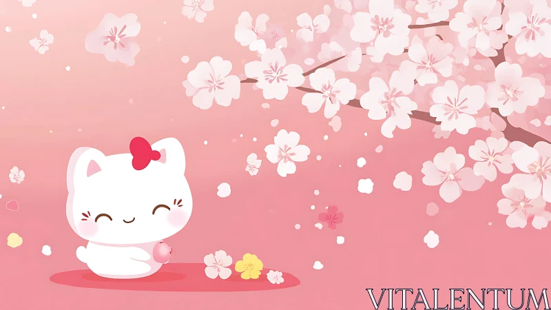 Smiling white kitten enjoys gentle blossoms in soft pink light