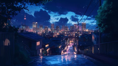 Nighttime hill street overlooks brightly lit city skyline