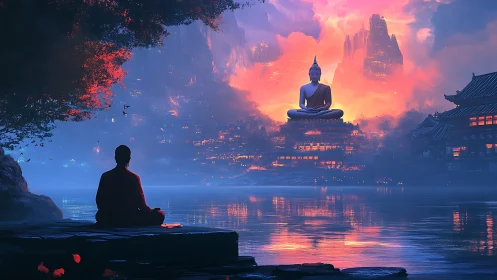 Monk meditates beside lake facing glowing Buddha temple.
