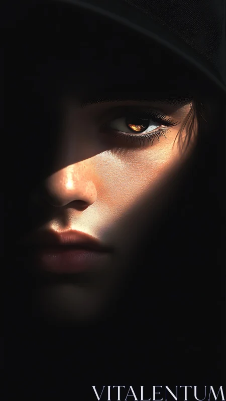 Half-lit gaze in deep shadow with golden reflective eye detail.
