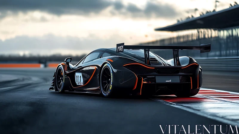 Sunset-lit race car waits poised on a slick modern track