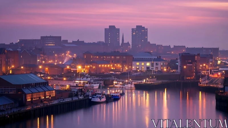 Harbor city waterfront reflects dusk lights on calm water