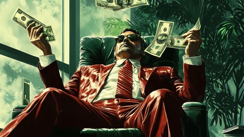 Powerful magnate in red suit reclining with floating cash notes