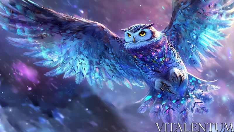 Majestic blue owl in flight, fantasy digital art with vibrant colors.