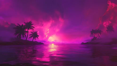 Neon Sunset Over Tropical Waters and Palm Islands