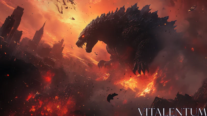 Giant reptilian monster over burning modern cityscape.