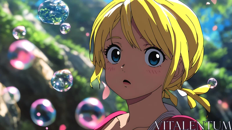 Anime close-up portrait with luminous forest bubble depth.