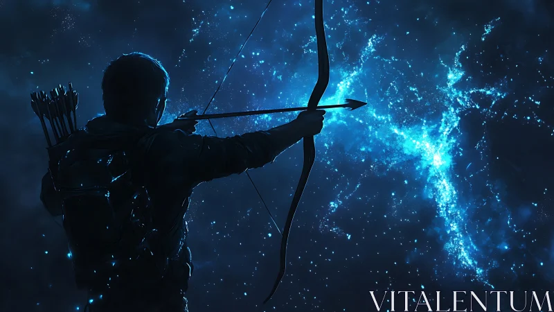 Silhouetted archer draws a glowing arrow against a cosmic sky
