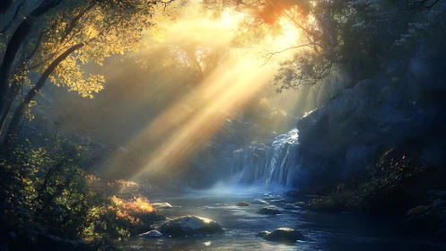 Digital painting forest cascade with luminous sunbeams composition.