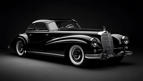 Vintage black Mercedes coupe gleams under dramatic studio light.