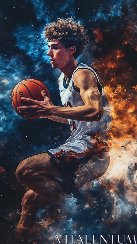 Basketball player soars through fire and ice energy clouds
