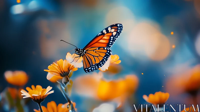 Monarch butterfly resting on glowing orange blossoms at dusk.