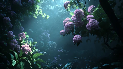 Hydrangea shrubs under diffuse moonlit forest canopy.