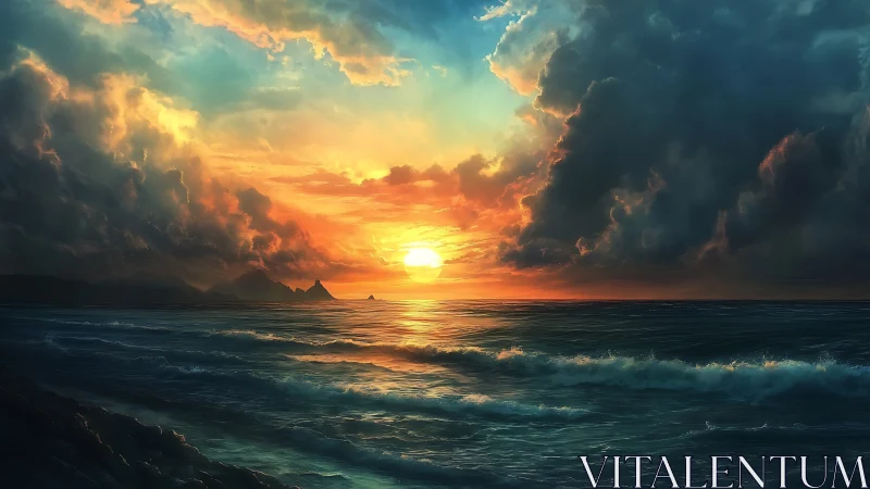 Stormlit ocean sunset under dramatic glowing clouds.