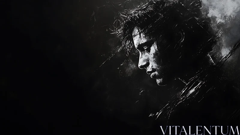 Brooding monochrome portrait dwells in fractured darkness