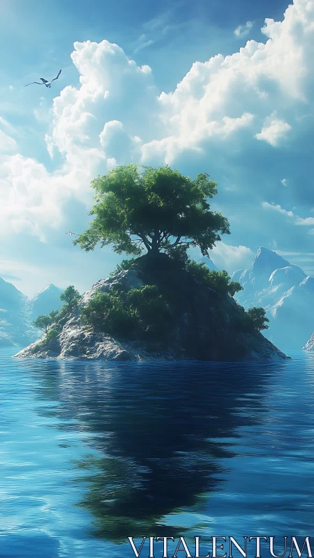 Solitary Island Tree Rising from Blue Ocean Waters