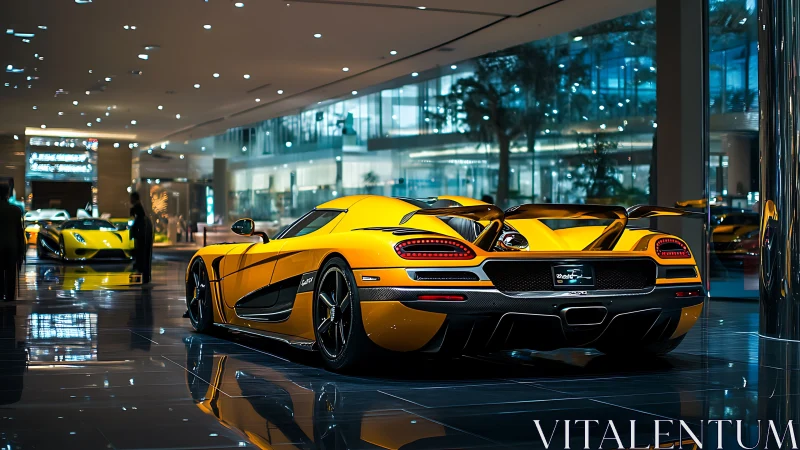 Hypercar showroom with illuminated carbon aero and reflections.